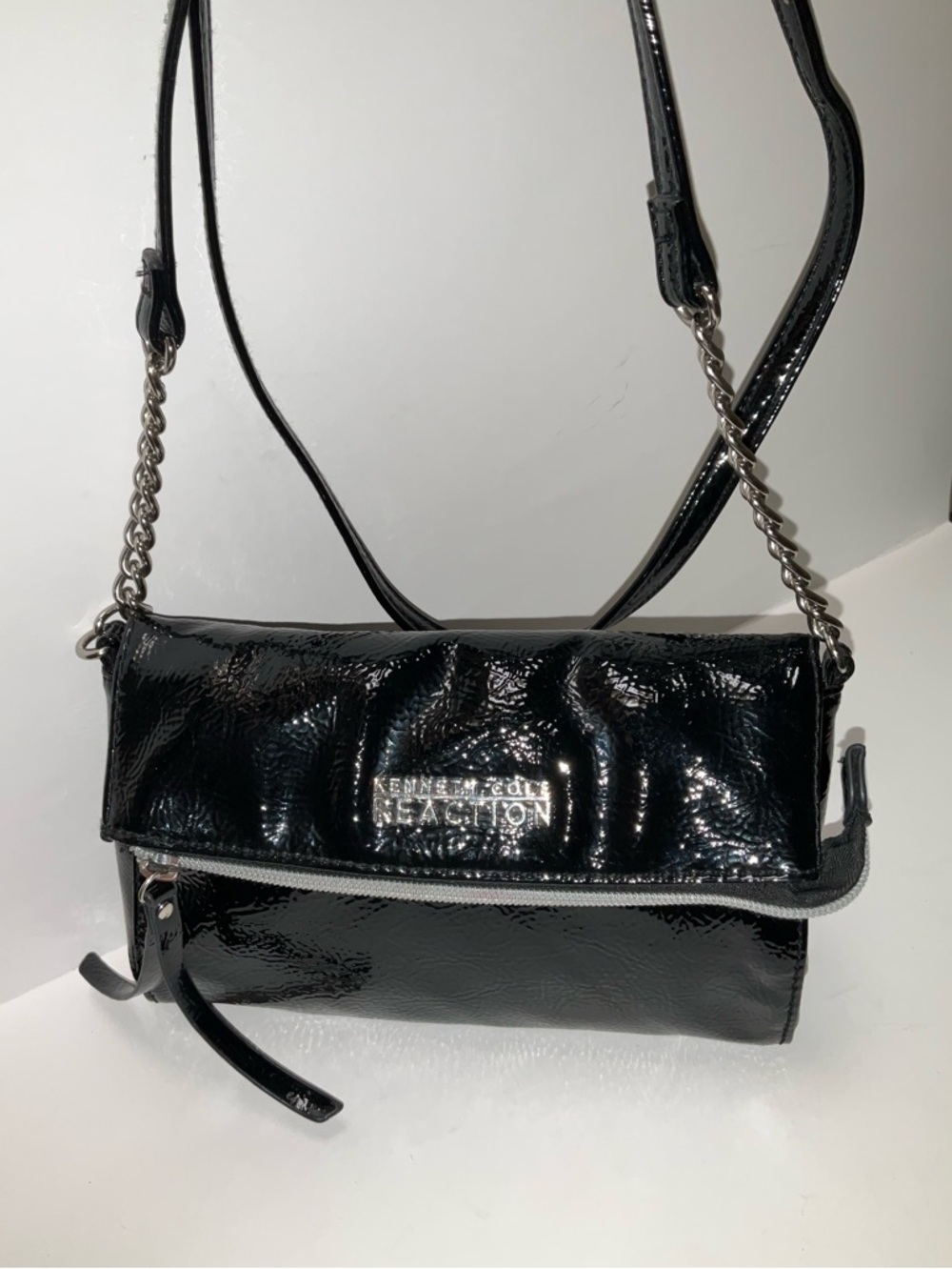 Kenneth Cole Reaction Black Patent Leather Chain-Strap Crossbody